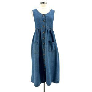 Vintage Hot House Womens Large Dress Denim Jean Midi Button Jumper Sleeveless
